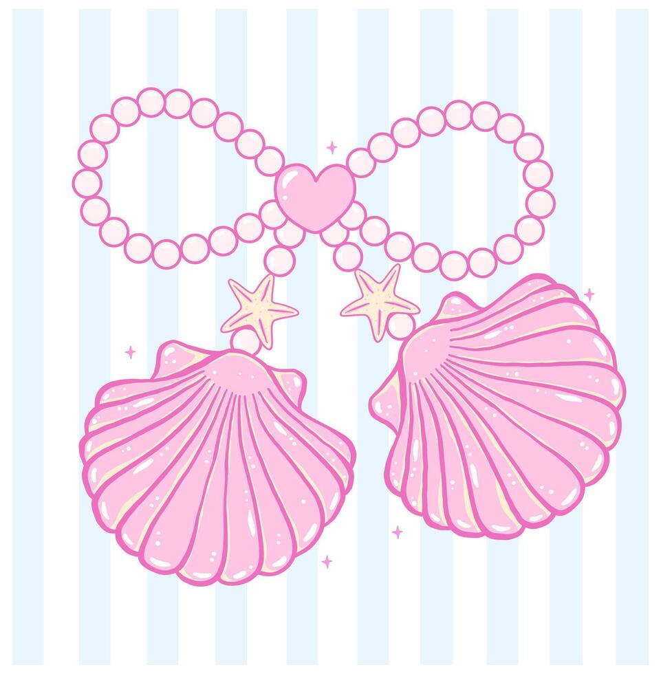 Cute Coquette pink pearl bow seashell pastel hand drawn doodle Summer y2k retro aesthetic vector