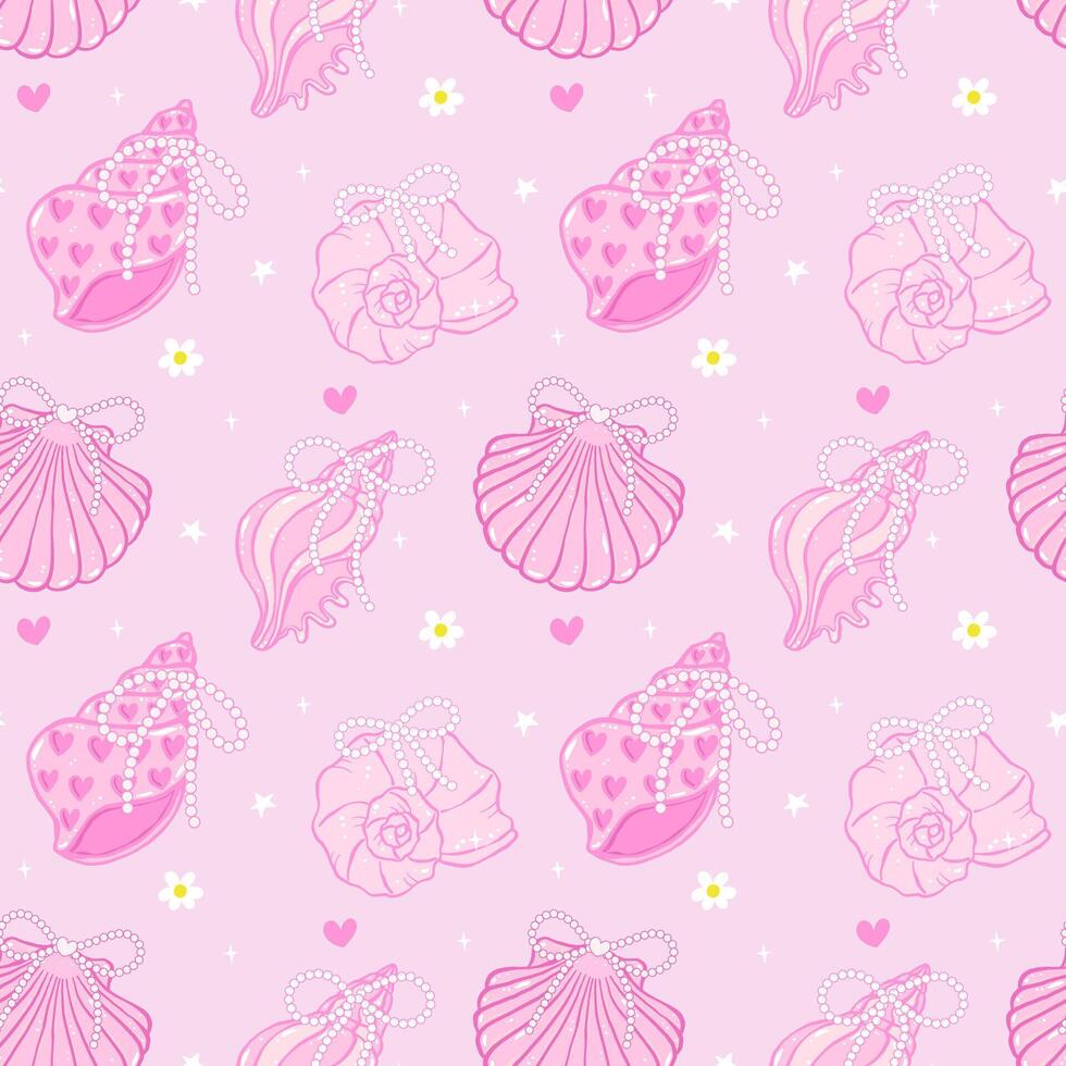 Retro coquette Summer seamless pattern seashells with Pearl bow in Pink beach vibe for cute girly fabric and digital wallpaper design vector