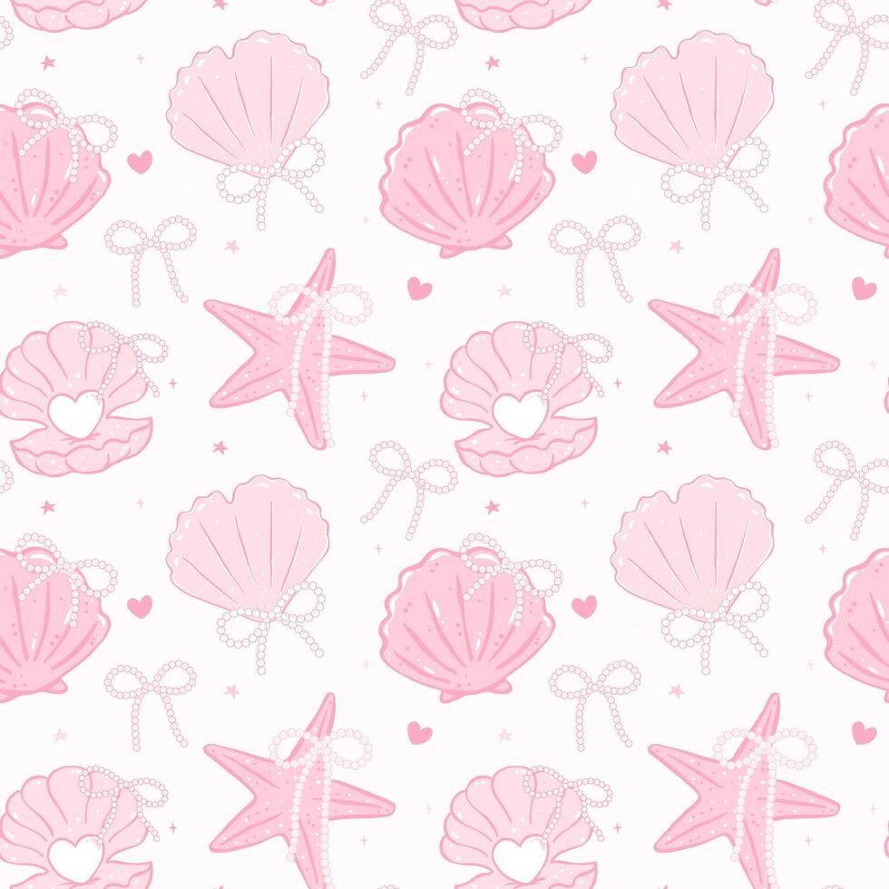 Retro coquette Summer seamless pattern with pearl bow seashells in pastel pink beach vibe for cute girly fabric and digital surface design vector
