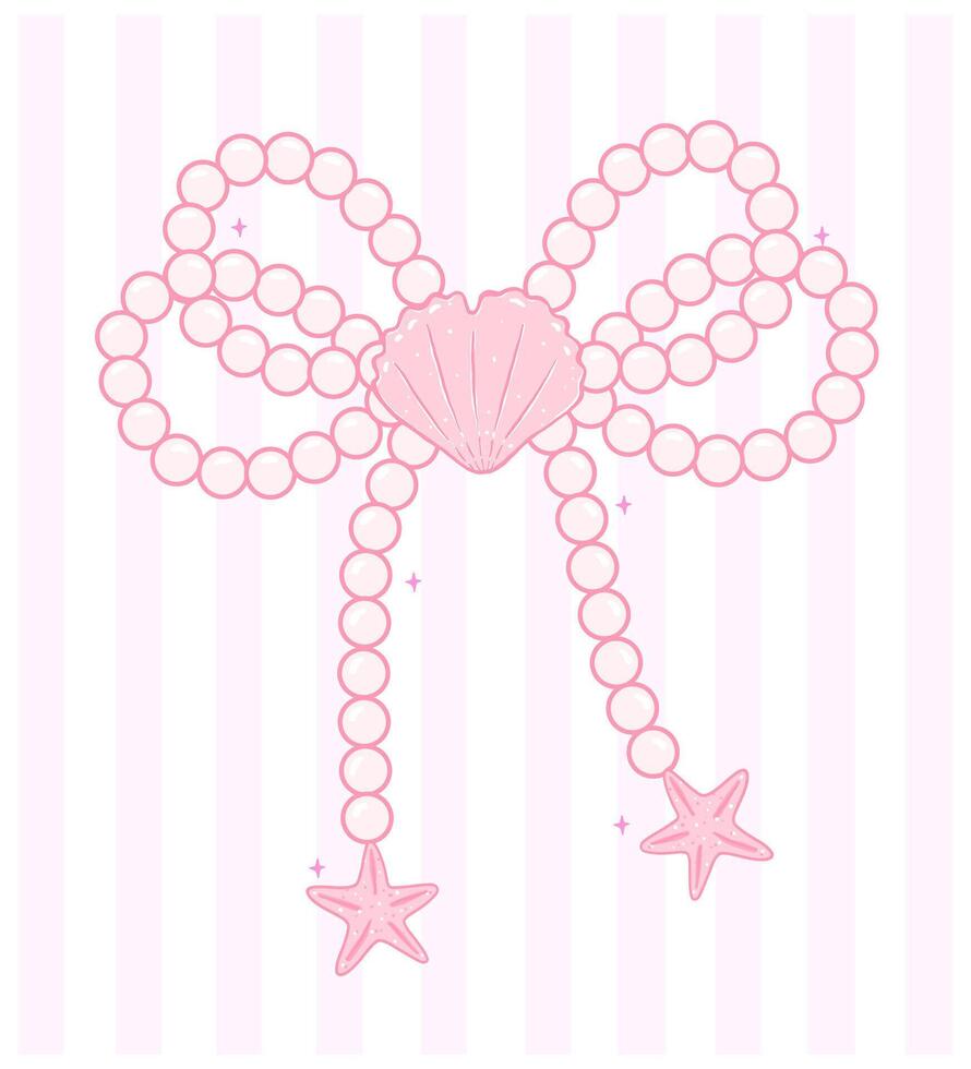 Coquette pearl bow seashell pink pastel hand drawn doodle Summer y2k retro aesthetic vector