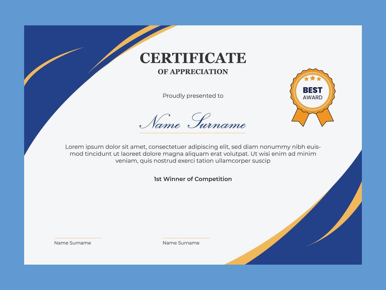 Modern professional certificate of appreciation template for company with blue and gold color vector