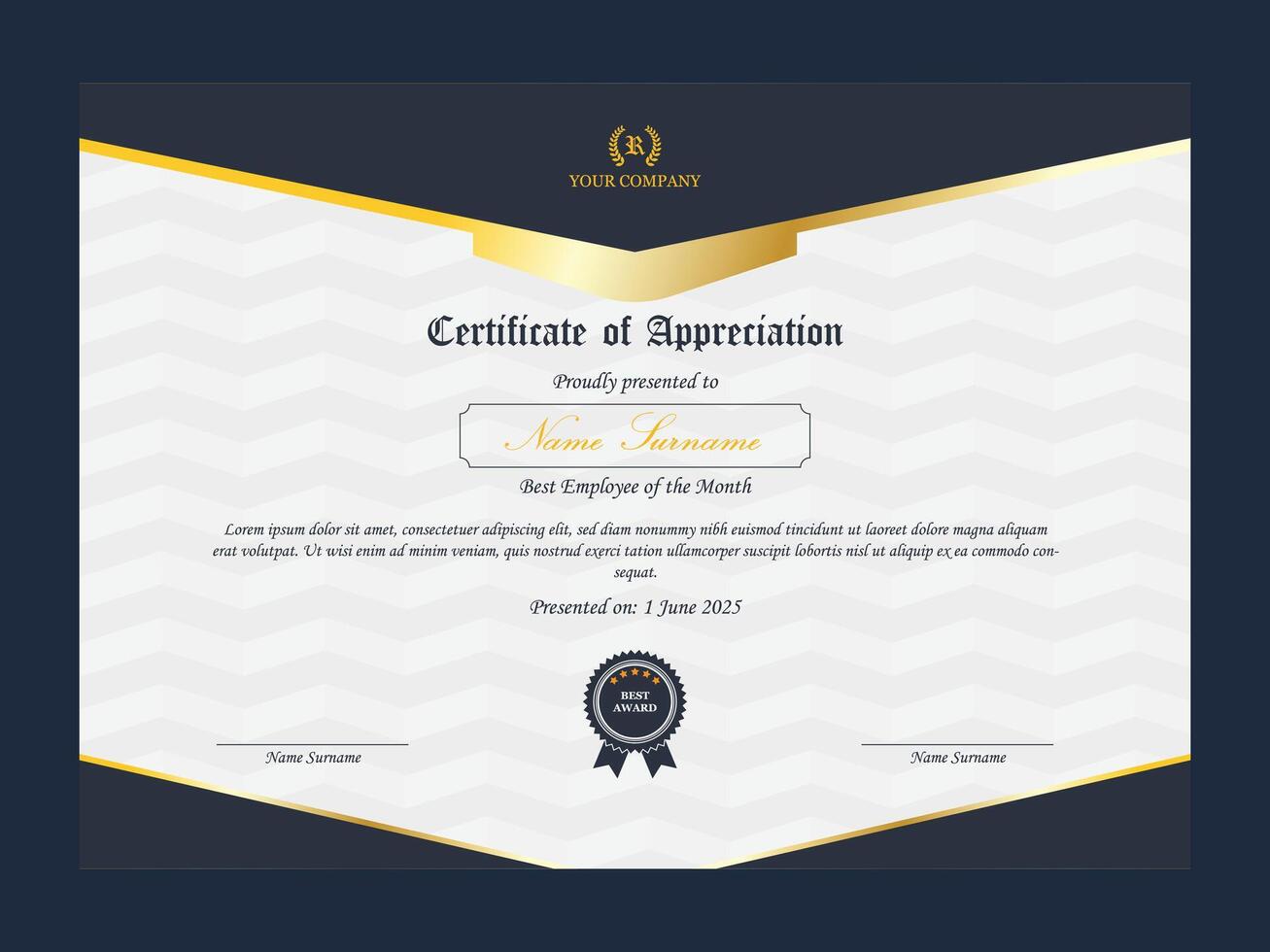 Modern professional certificate of appreciation design template for company award vector