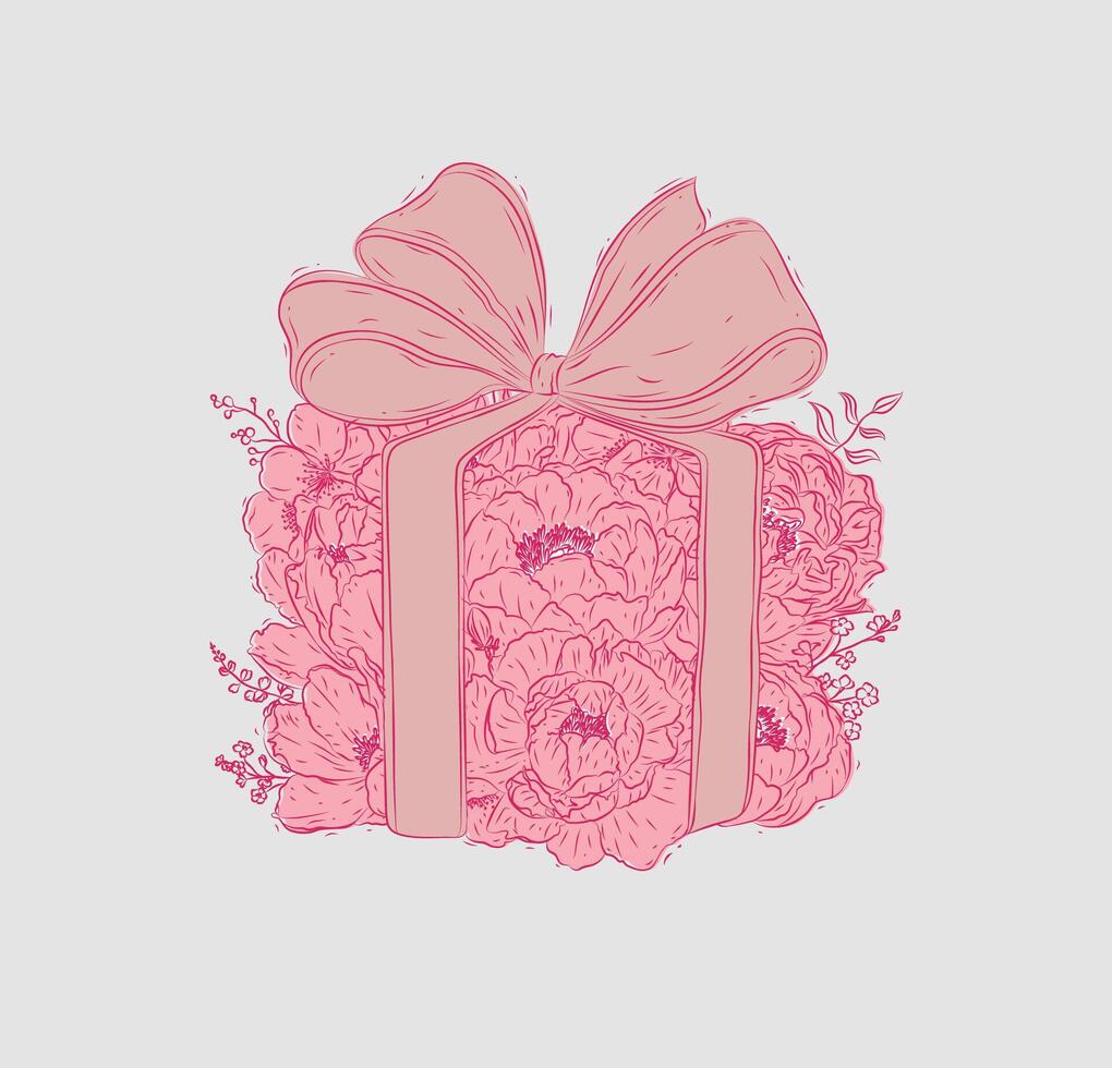 Gift box made with flowers and bows drawing in floral style with pink on beige background vector