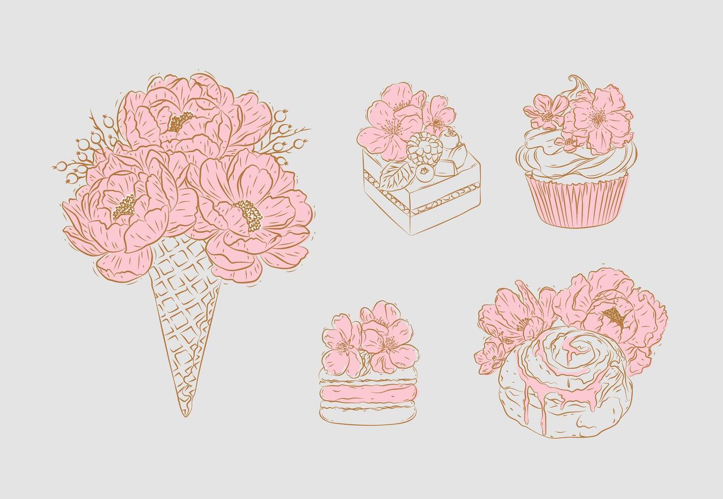 Bakery graphic illustrations ice cream, cupcake, macarons, cinnabon drawing in floral style with flowers and petals on beige background vector