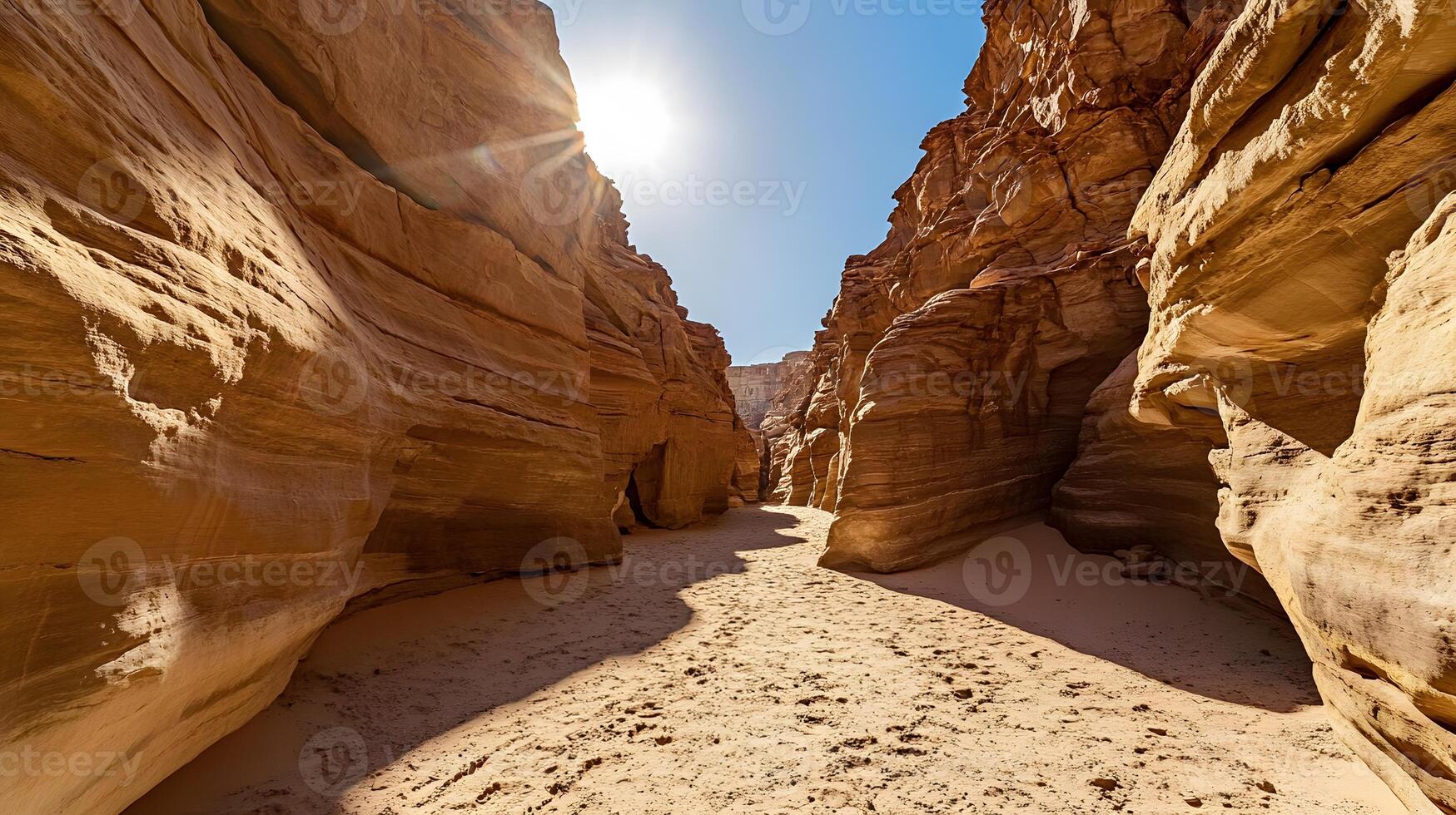 The sun shines brightly through the canyon in the desert photo