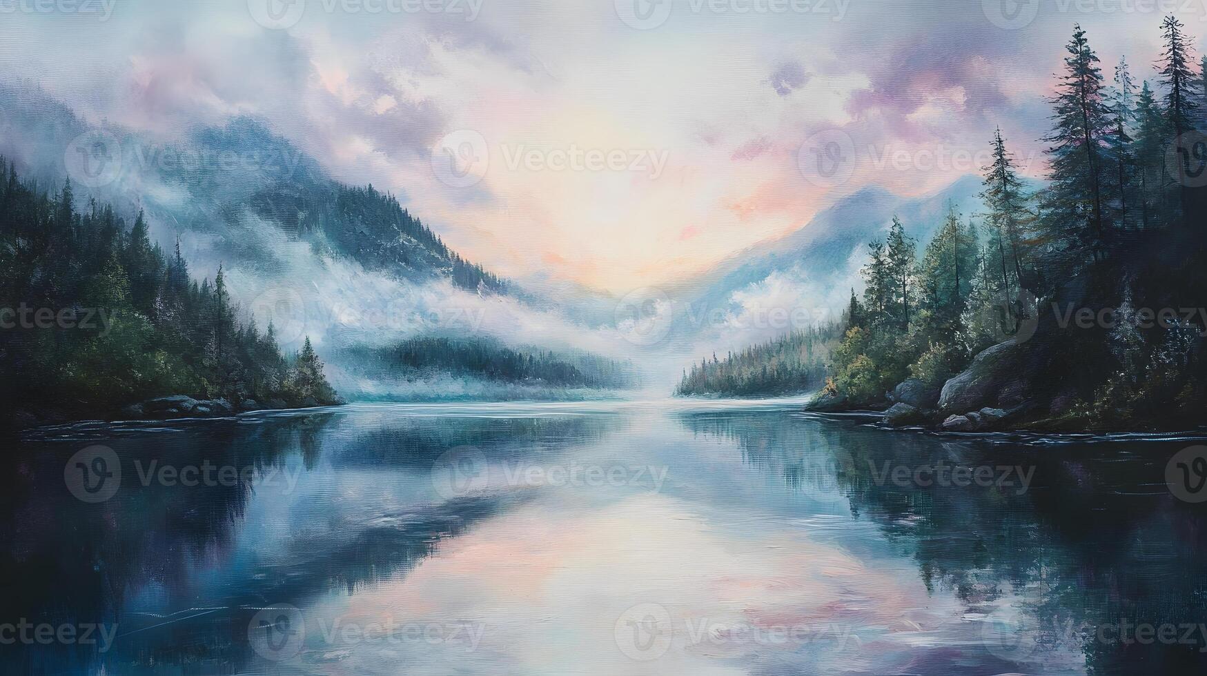 A painting of a mountain lake with trees and fog photo