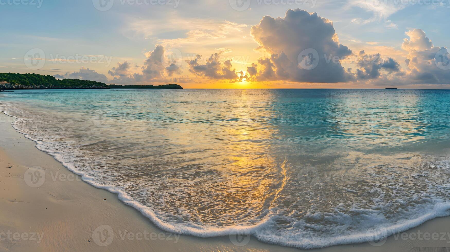 A beach with a sunset and a boat on the water photo