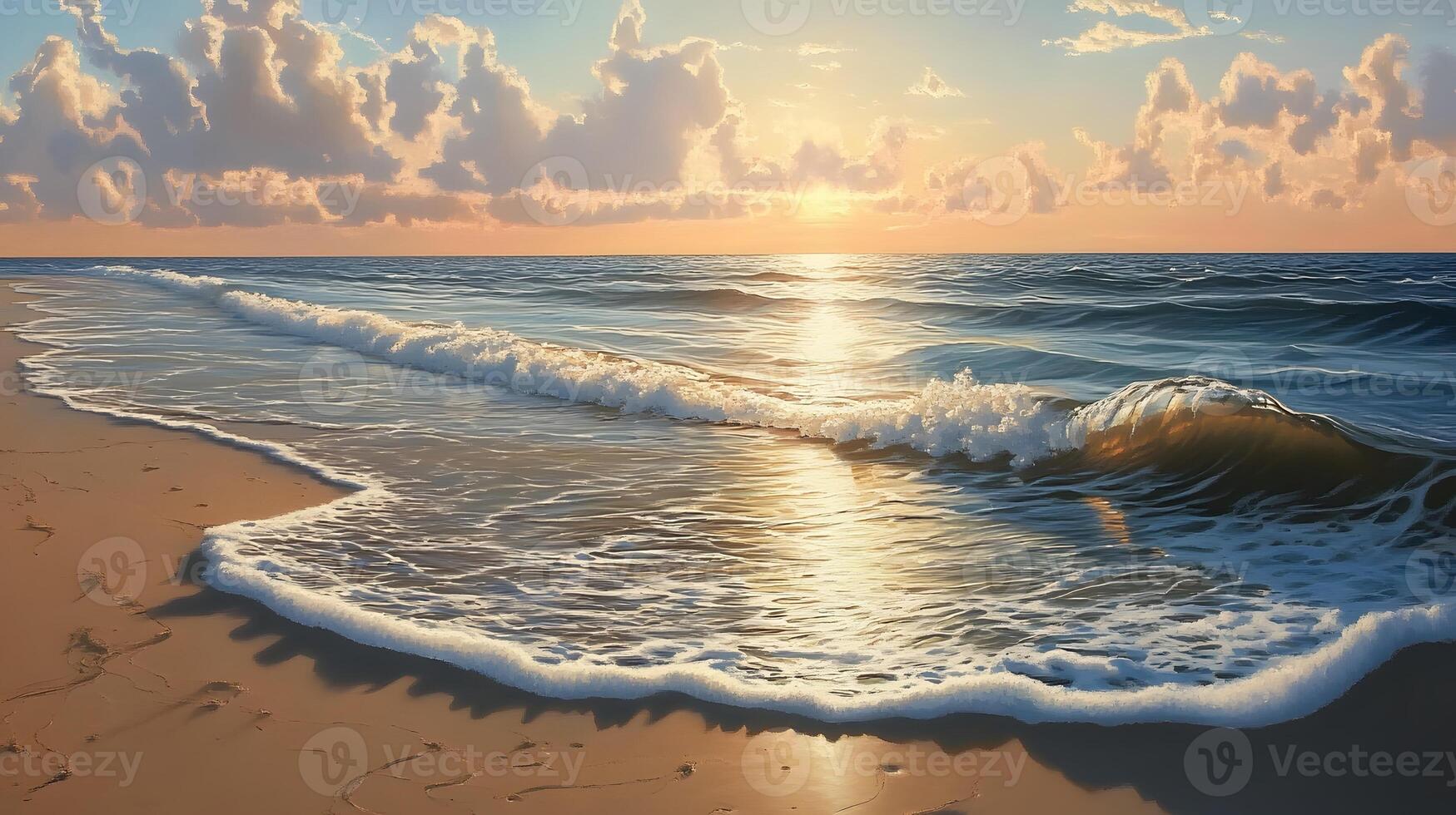 A painting of the ocean and waves at sunset photo