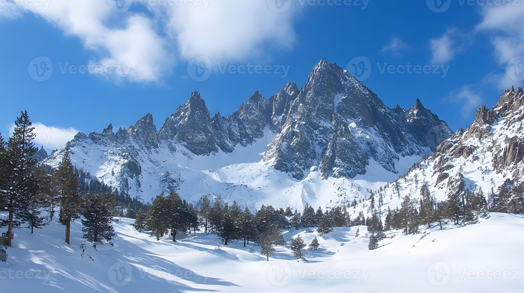 Snow covered mountains with trees and snow photo