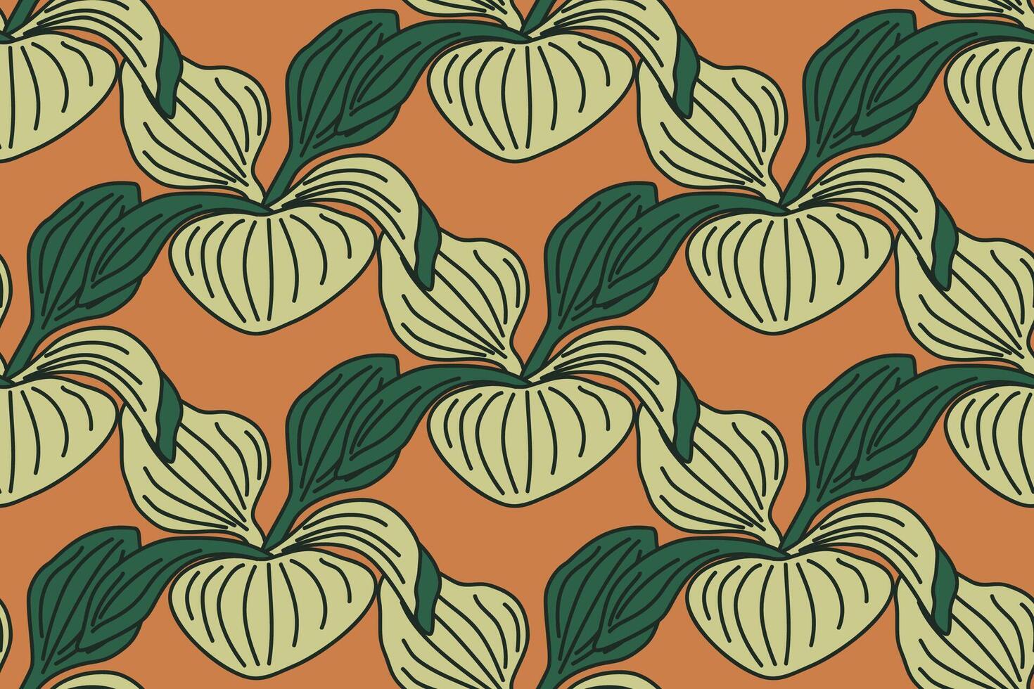 Botanical floral seamless pattern with green leaves illustration. Repeating foliages plants in orange background. Graphic design for Fashion Wedding Textile Greeting Card Cover Birthday Print vector
