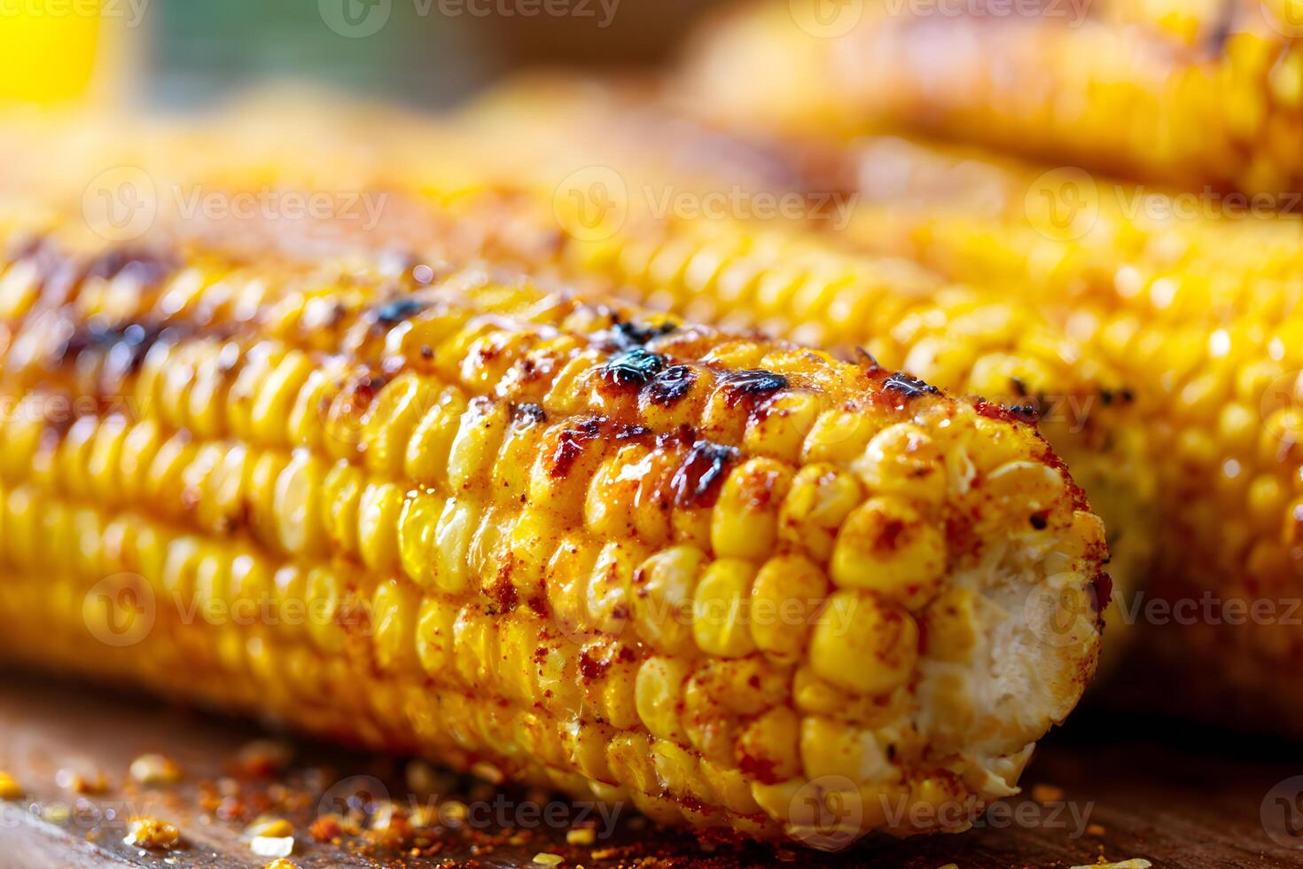 Savory grilled corn on the cob topped with melted butter and spices on a platter. photo