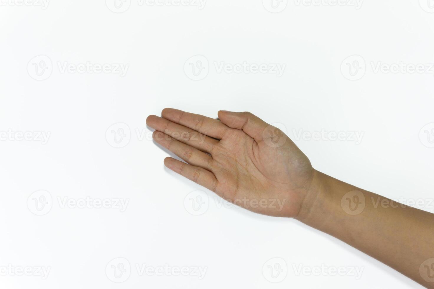 hand and arm gesture designed to hold or present an invisible object or product. The hand is in a palmar view, open. photo