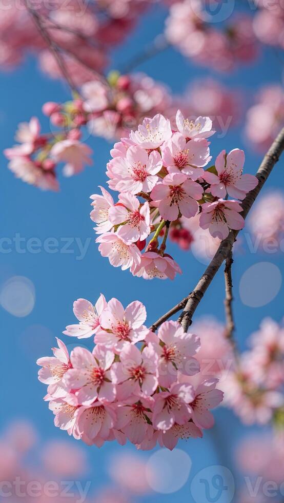 Sakura flowers clustered on spring branches under blue sky with dreamy bokeh light in soft focus photo