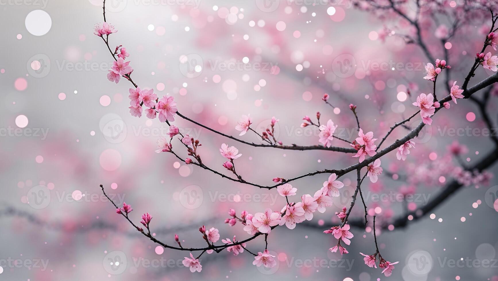 Panoramic view of delicate cherry blossom branches in soft focus with bokeh effect and dreamy pastel background photo