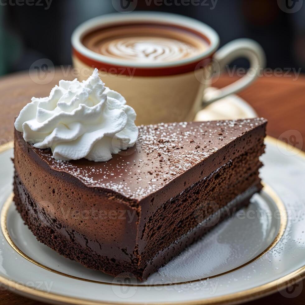 Mocha-brown chocolate cake slice served with fluffy whipped cream and coffee in cozy cafe atmosphere photo
