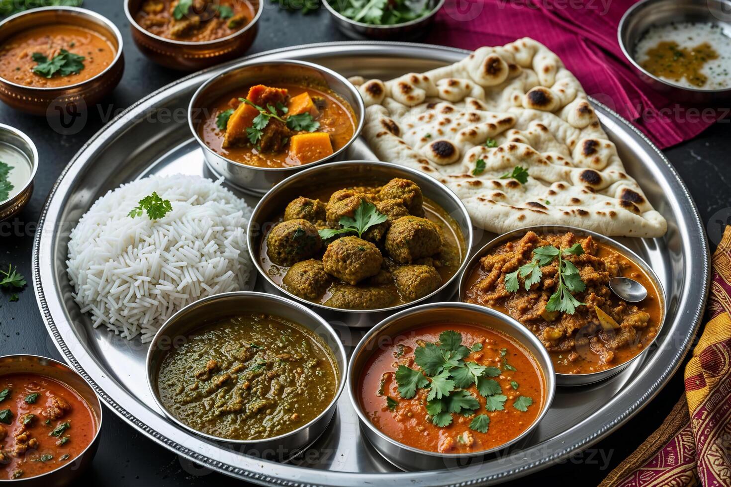 Side view of traditional Indian thali meal with curries, naan, rice, and condiments arranged on steel tray, vibrant colors and textures photo