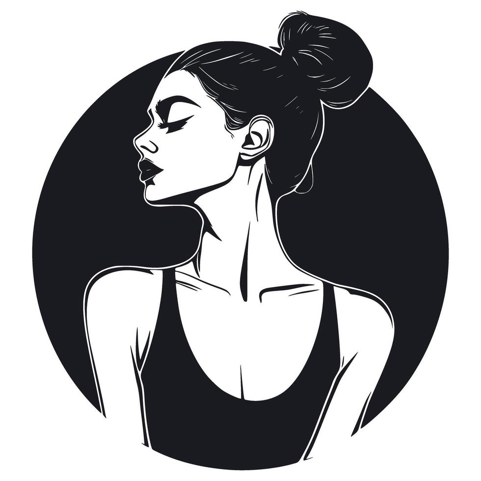Beautiful image of woman in profile on black circle doodle sketch style vector