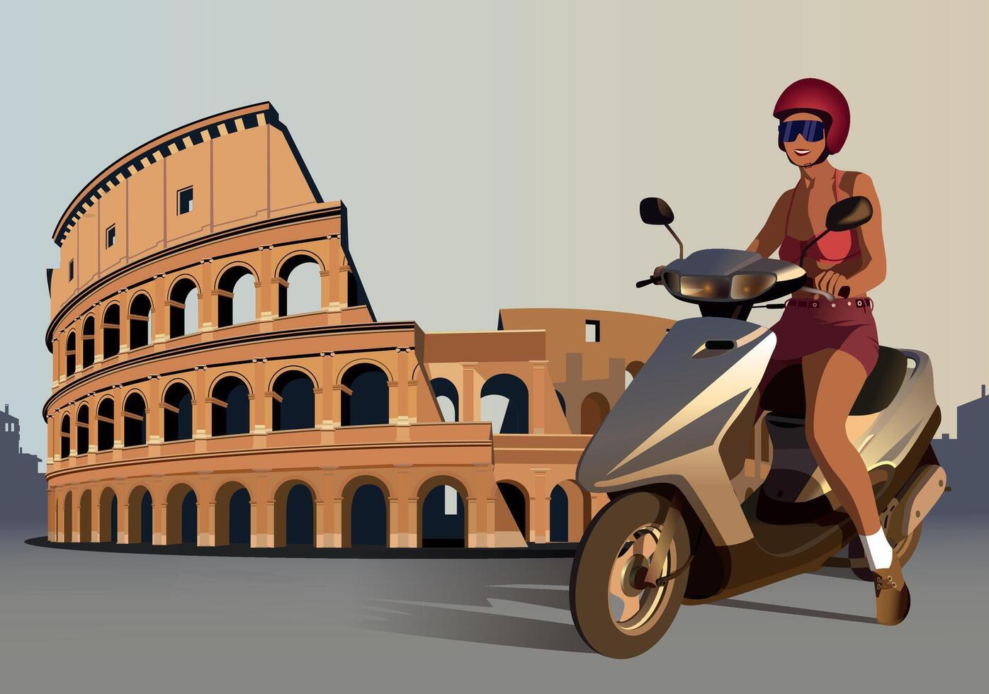 Girl on a moped against the backdrop of the Roman Colosseum. . vector