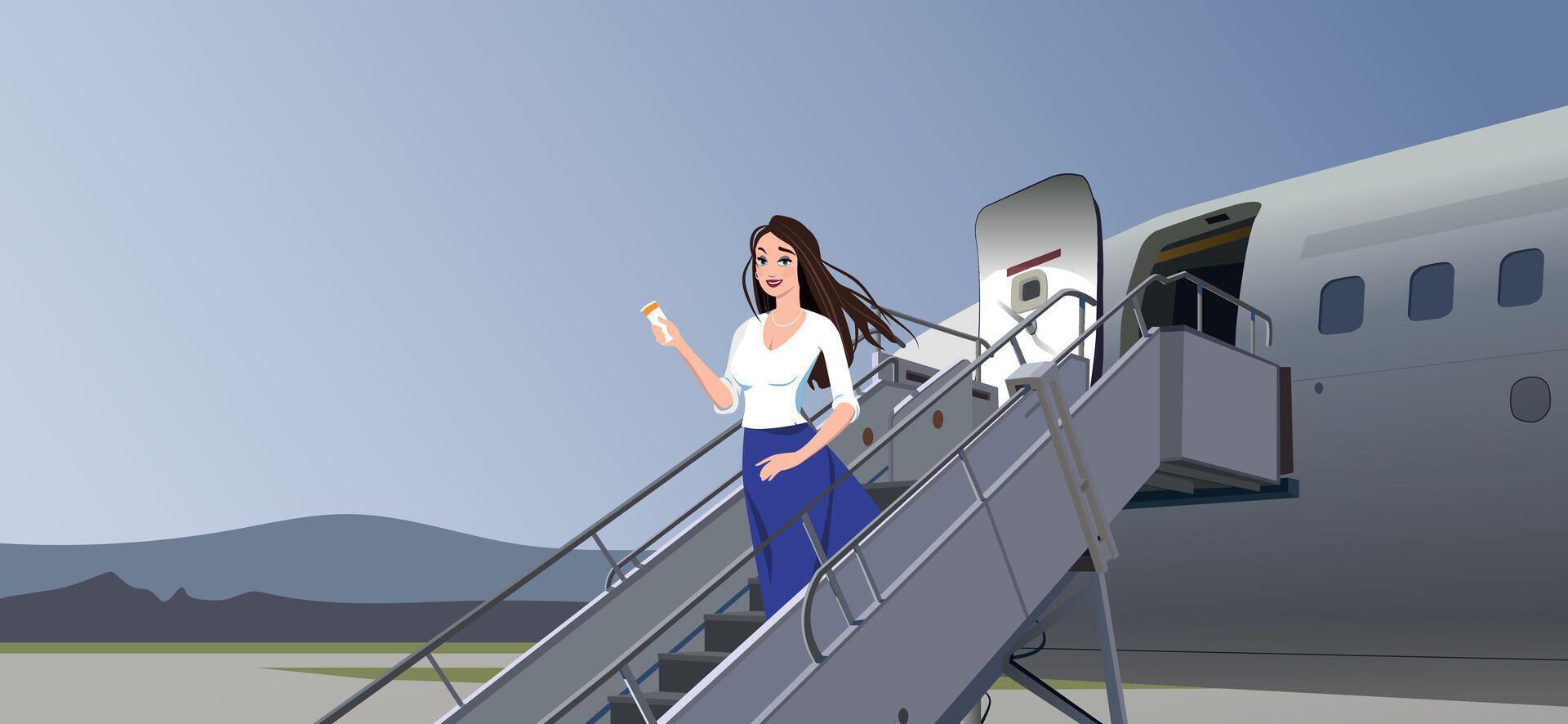 A stewardess meets passengers on the plane's steps. . vector