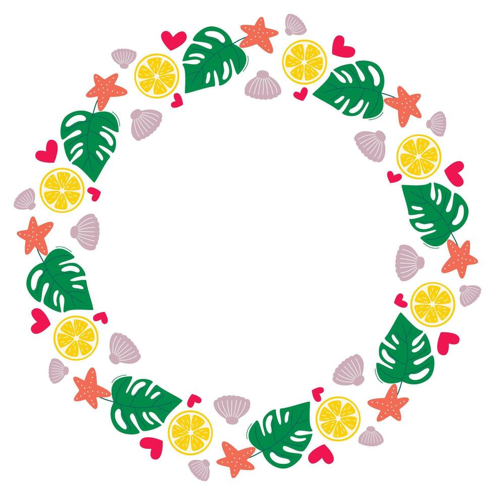 Round summer frame made of shells, monstera leaves, starfish and lemon slices vector