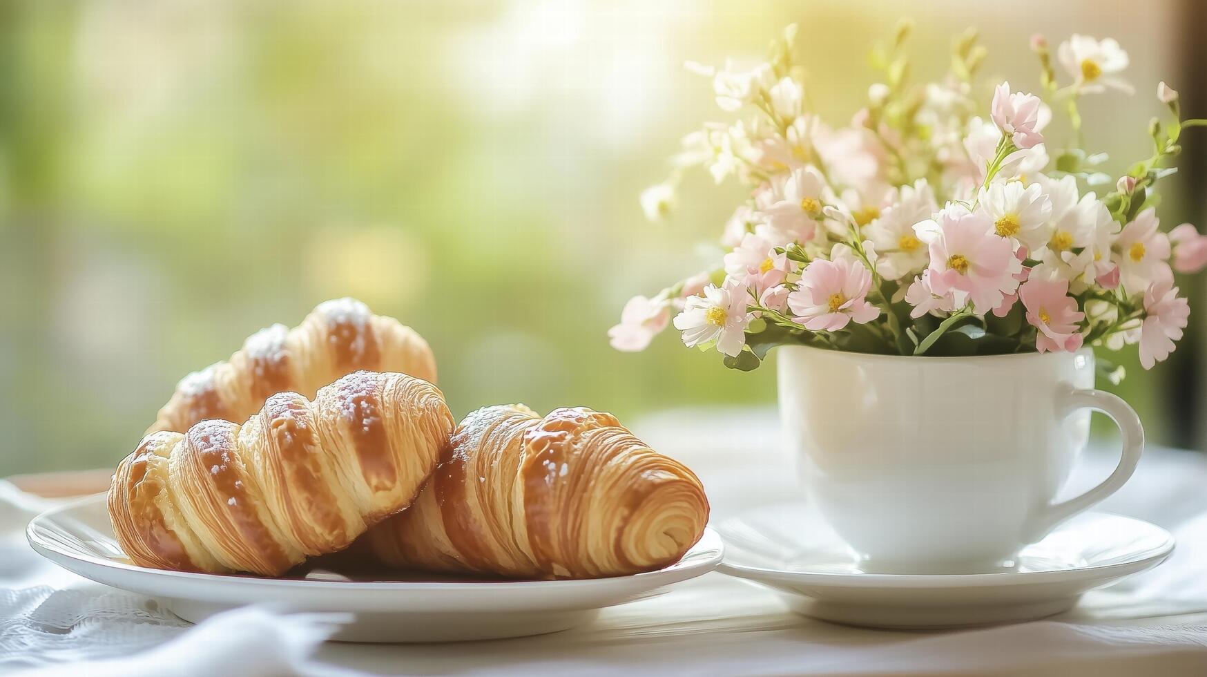 A charming morning spread, a peaceful breakfast, a delicate flower arrangement. photo