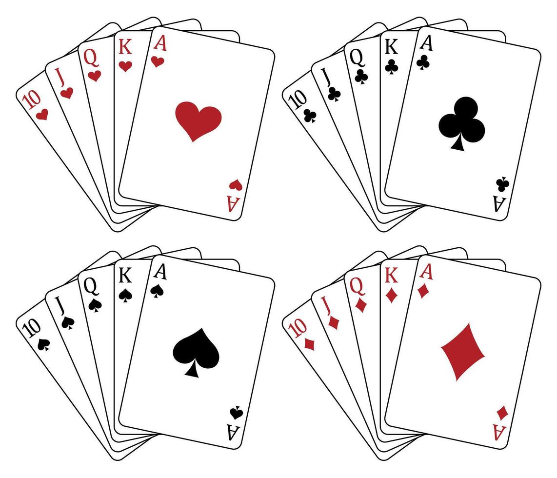 Playing cards a poker hand consisting of a royal flush clubs spades hearts diamonds 10 J Q K A, illustration isolated vector