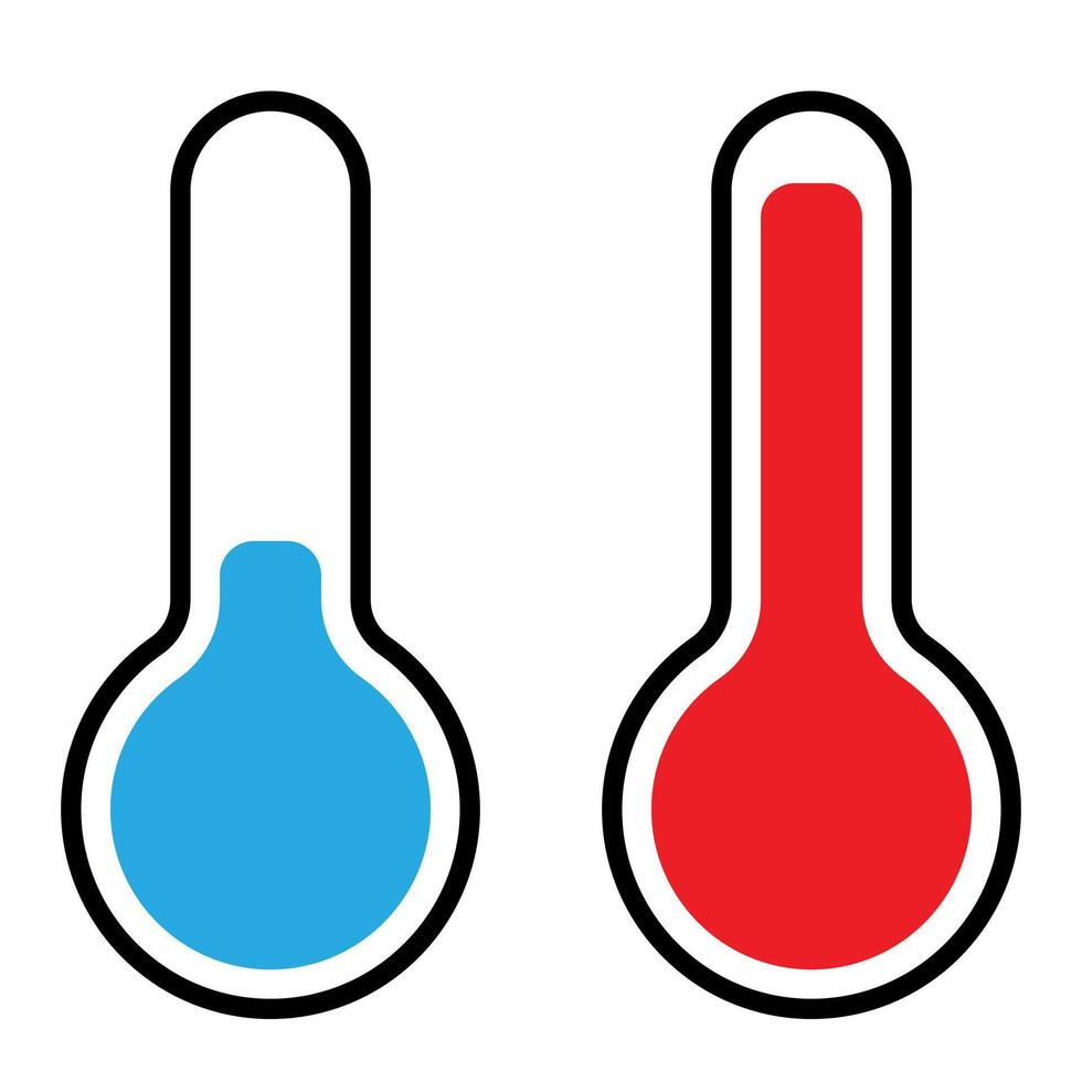 thermometer icon set, blue cold and red heat symbol illustration of a device that measures temperature, white background vector