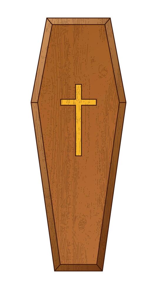 A coffin, color illustration of casket funerary box with cross, isolated on white vector
