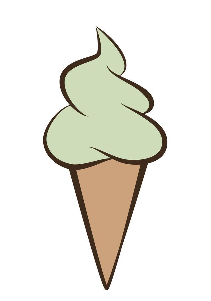 ice cream - pistachio soft serve ice cream in a cone, color illustration isolated on white background vector