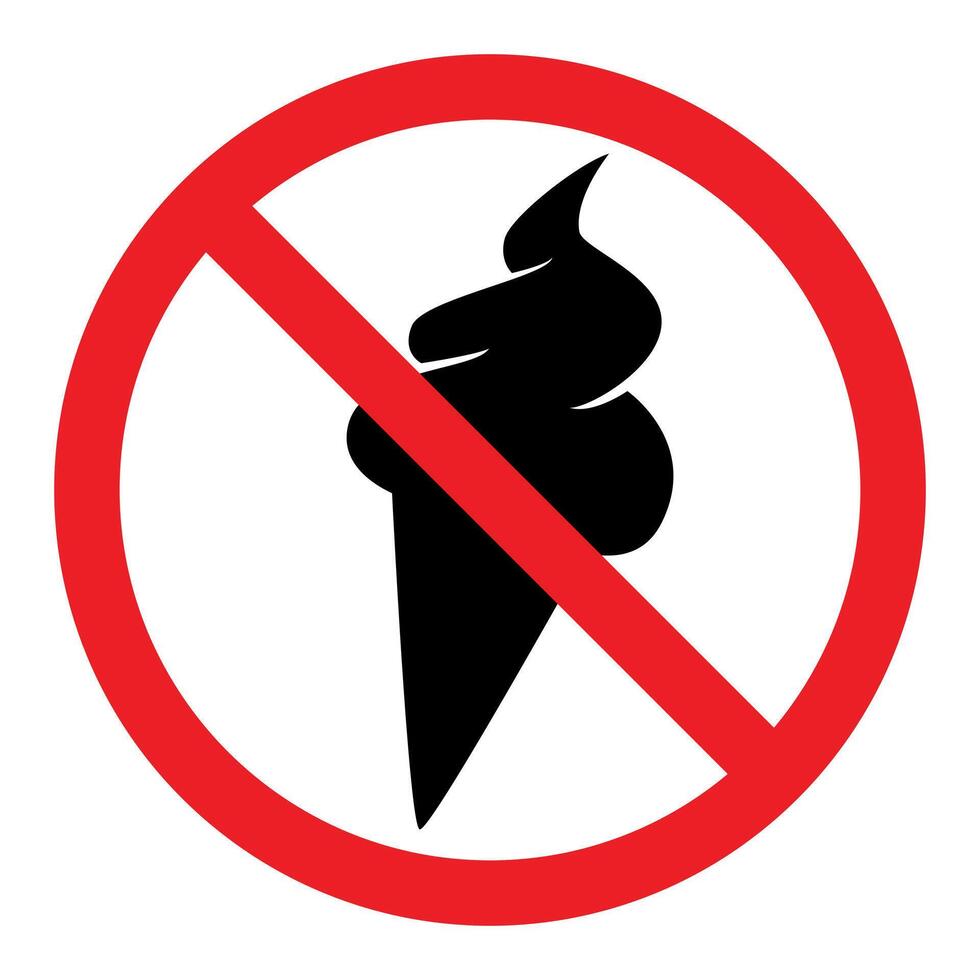 No ice cream symbol, prohibitory sign, red crossed out circle symbol with ice cream silhouette vector