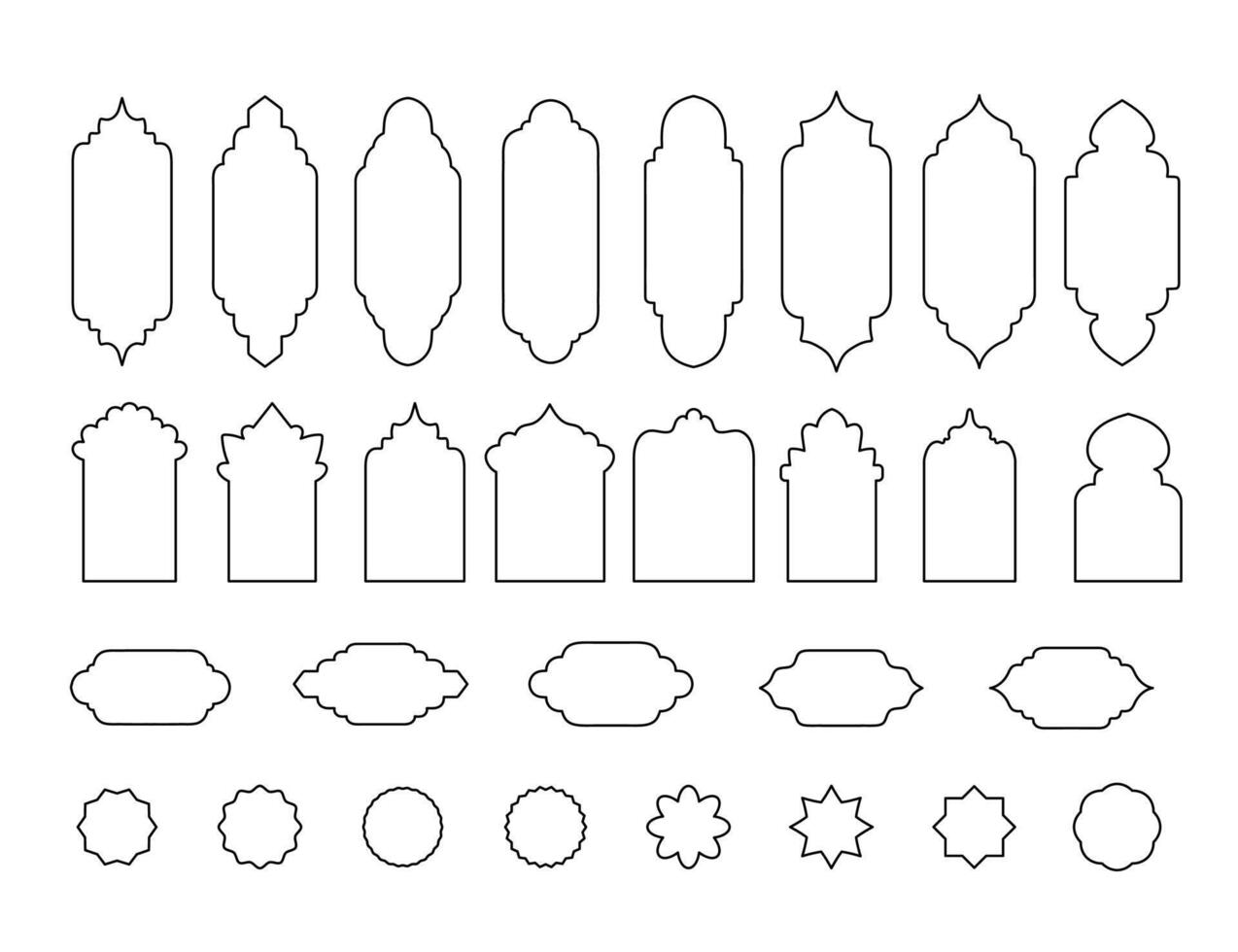 Islamic line shape, round design elements, illustration. Collection of oriental style arab windows, arches and emblems, set isolated on white background vector