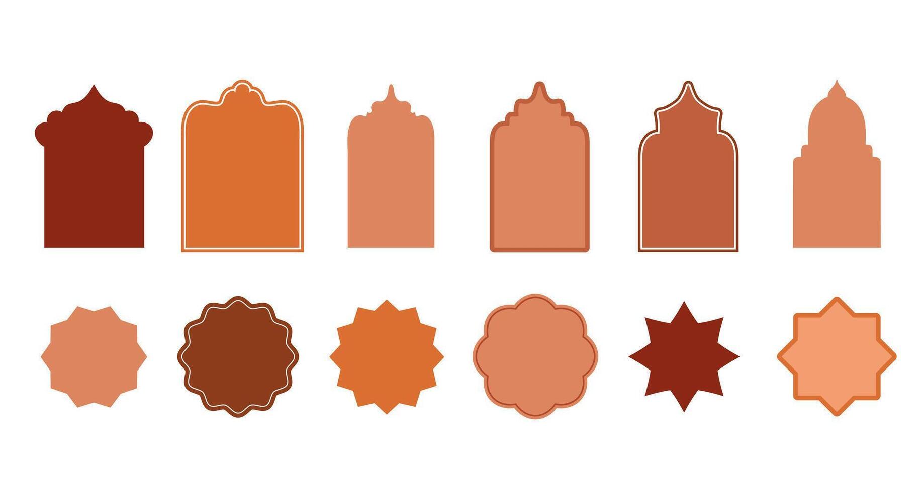 Islamic round frame, brown shape, design template, flat illustration. Collection of oriental style arab windows and arches in boho style vector