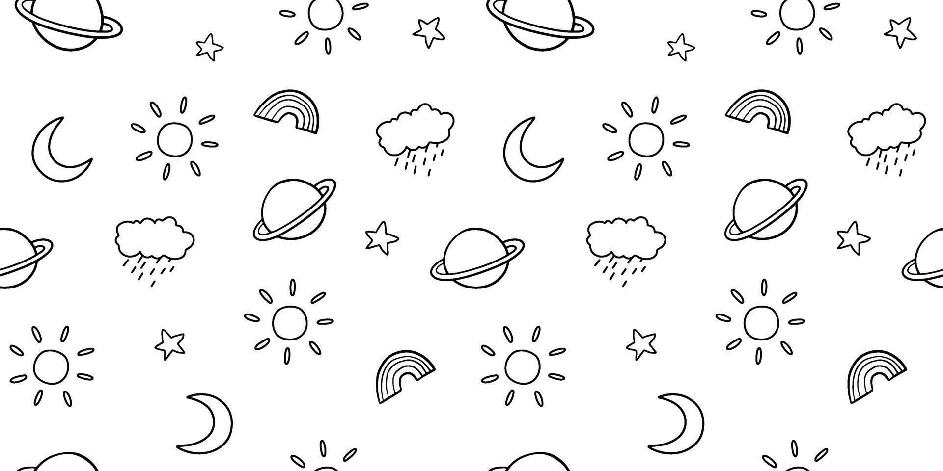 Seamless pattern with line sky, sun, moon and clouds. outline monochrome doodle illustrations on white background for kids and nursery vector