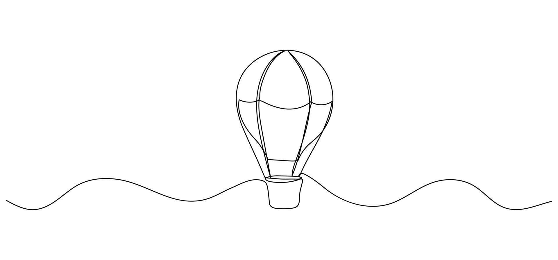 Air hot balloon one line illustration. continuous outline isolated sketch of travel icon vector
