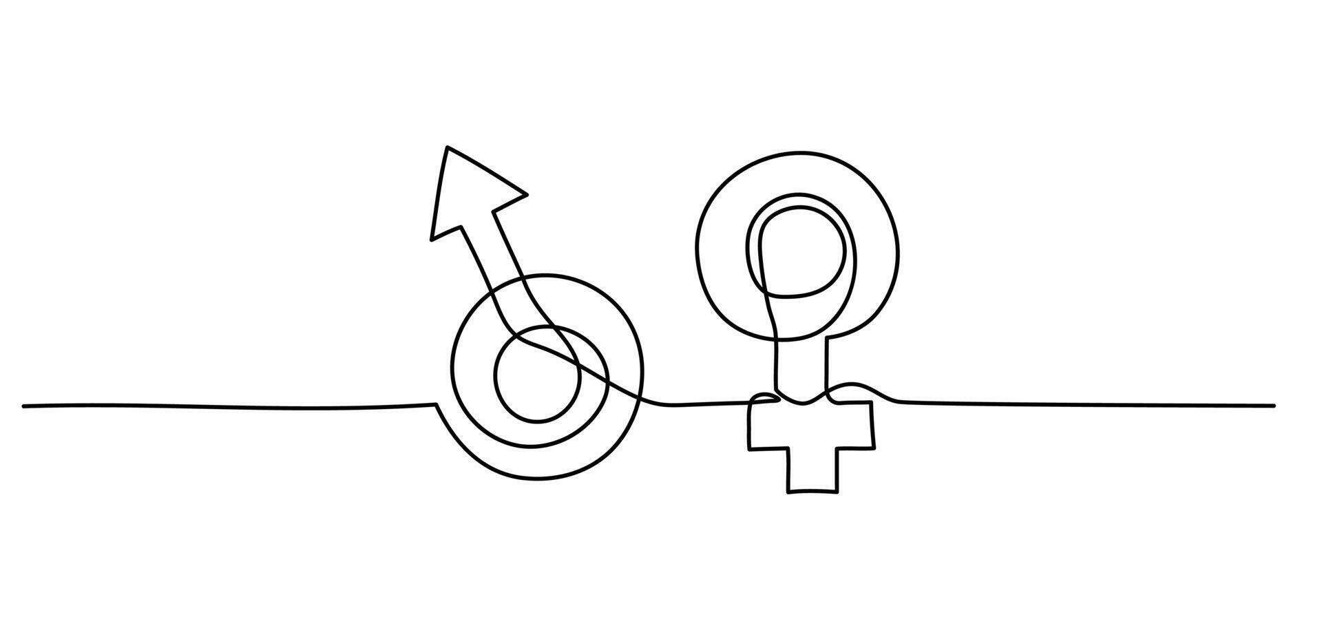 Gender symbol one line illustration, man and woman icon continuous isolated sketch, concept of balance vector