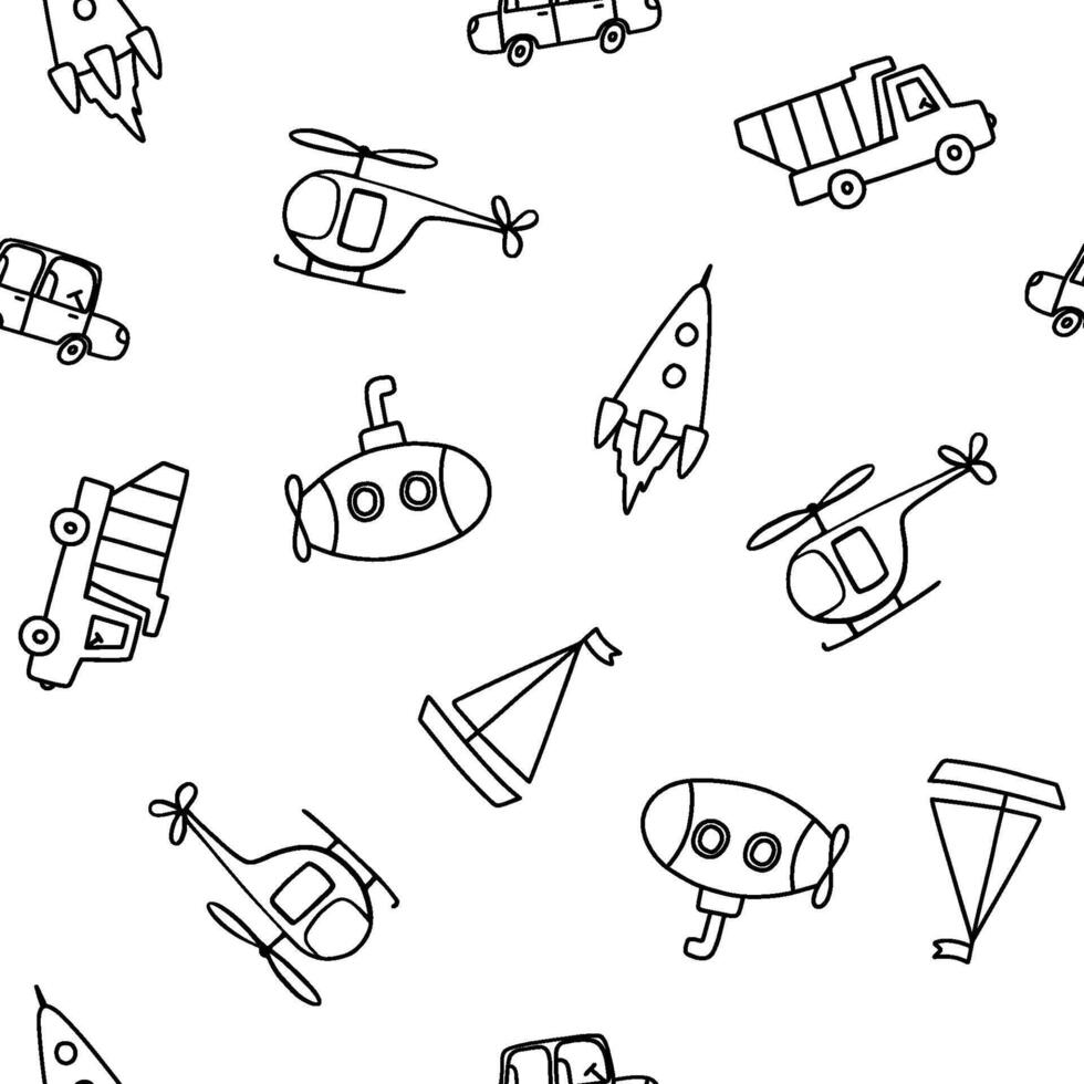 Seamless pattern with cute transport. outline monochrome doodle illustrations on white background for kids and nursery vector