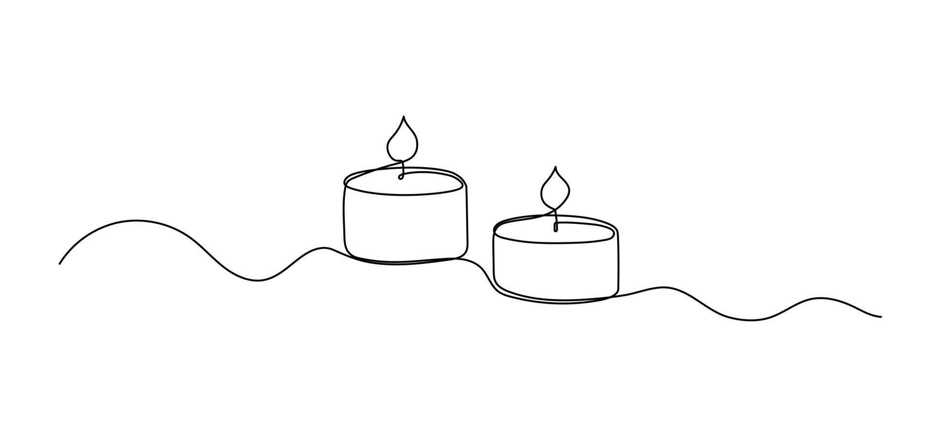 Candle with flame one line drawing, symbol of spa, continuous line isolated sketch, border vector