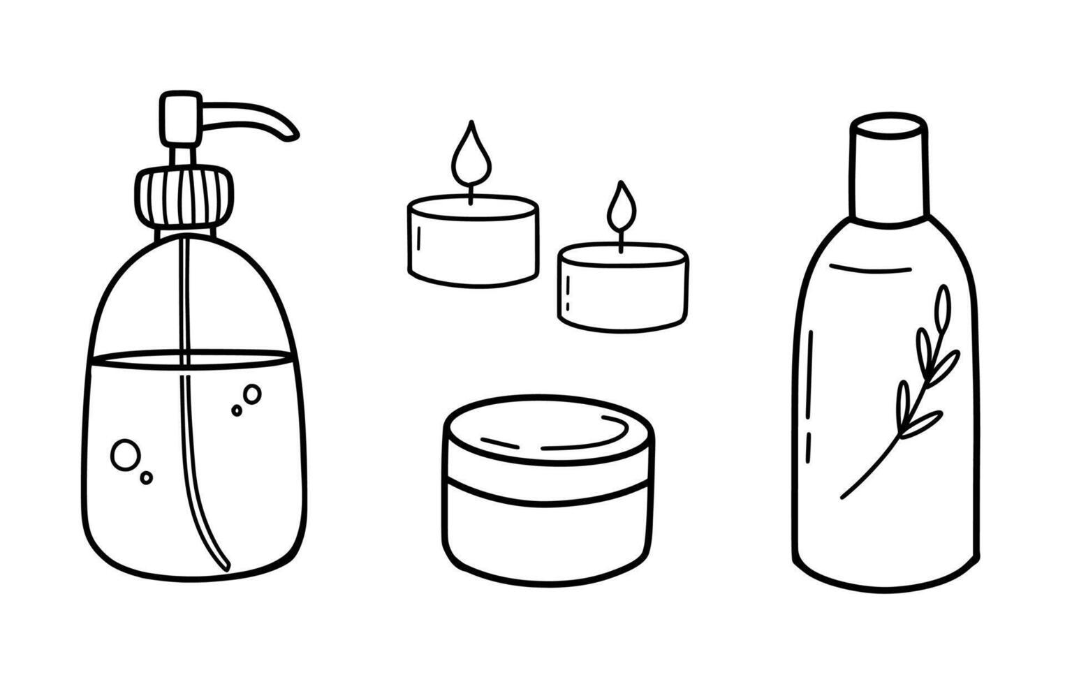Soap, candles, cream hand drawn in doodle style. line art illustrations set vector