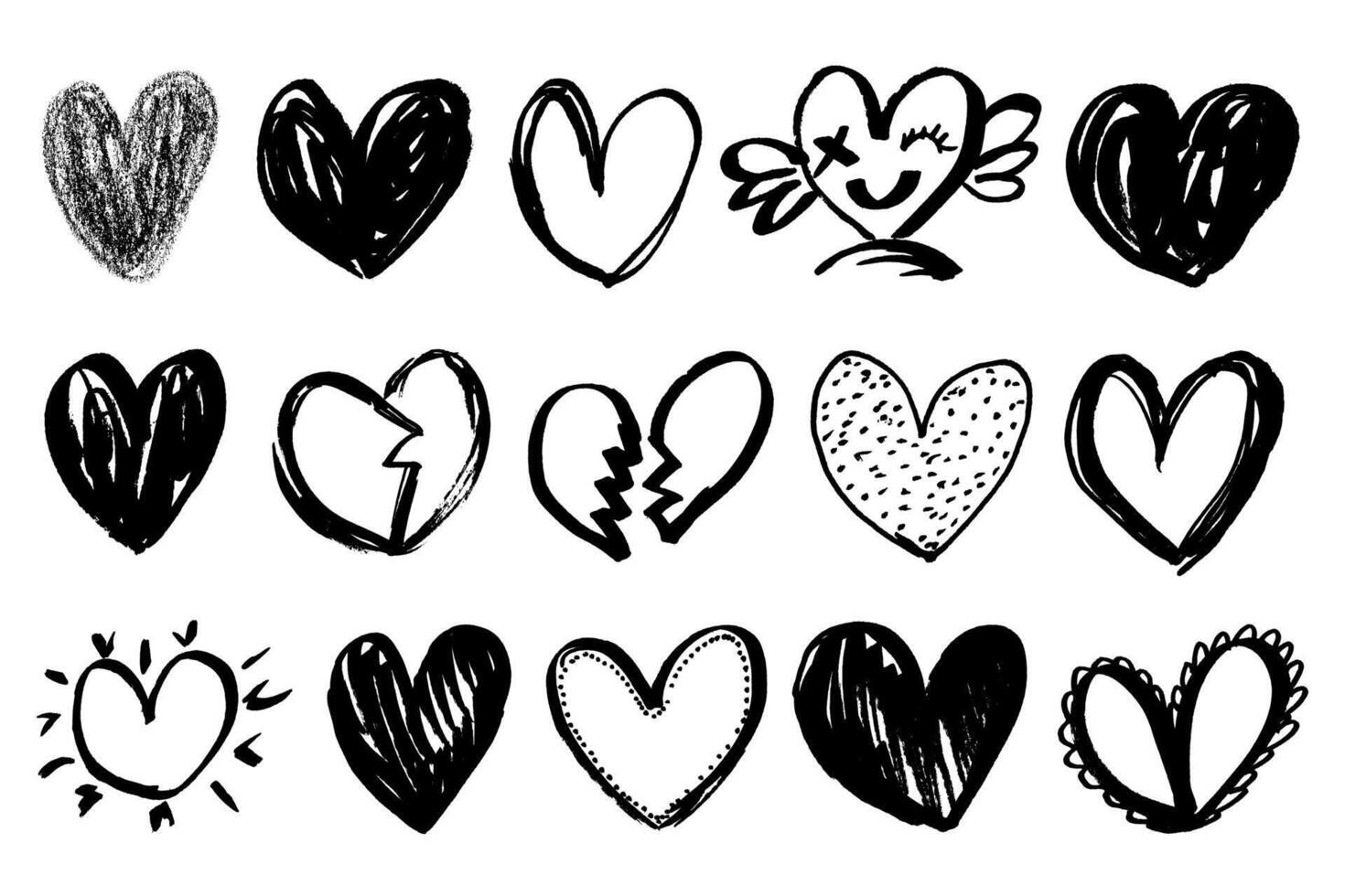 Grunge hearts icons. Scribble ink grunge different heart shapes. Doodle hearts icons set hand draw with markers. Love emblem in rough grungy style vector