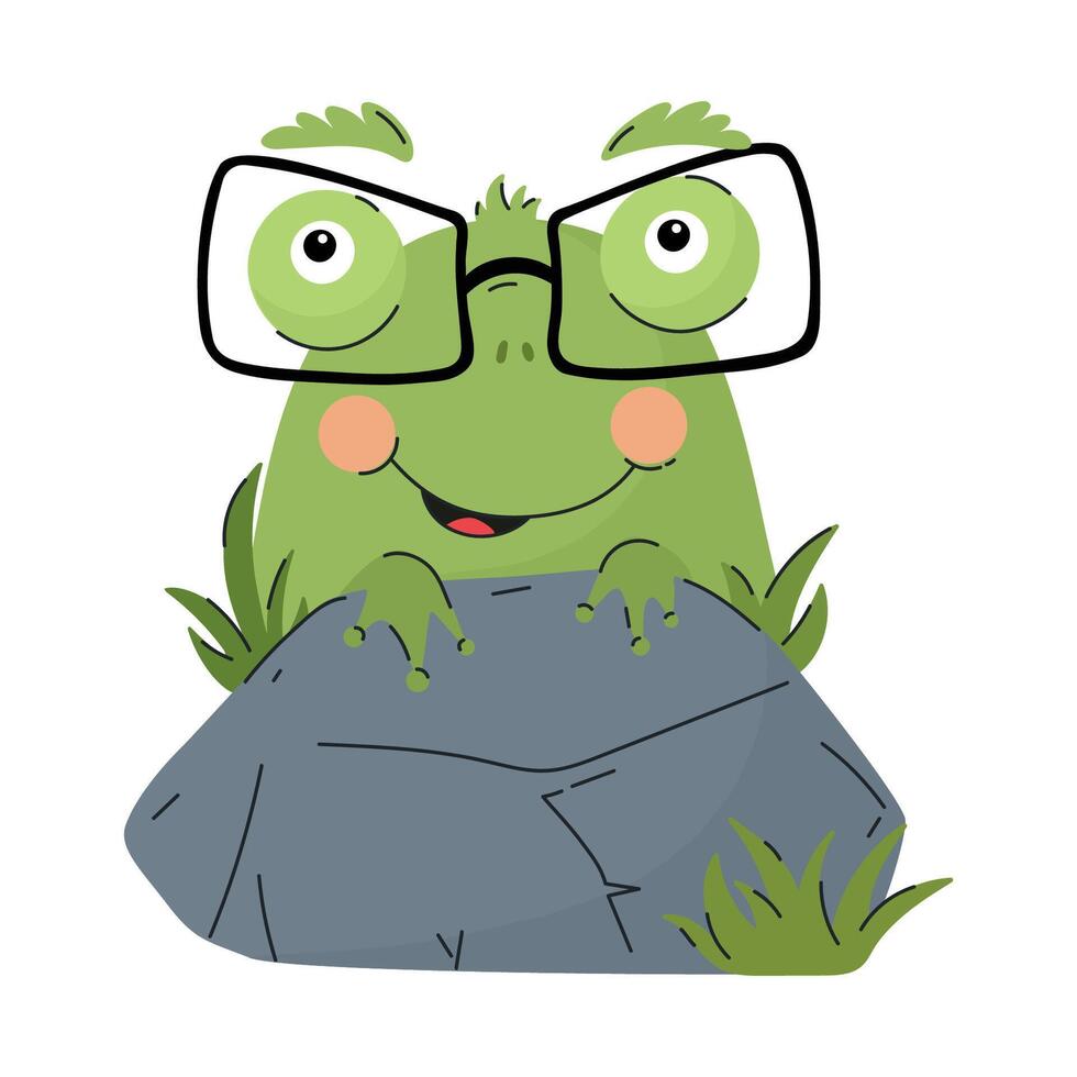 Cute cartoon frog with glasses peeking from behind a rock. Fun educational character for kids. Smiling green frog with big eyes and glasses for learning materials. Smart happy little frog illustration vector