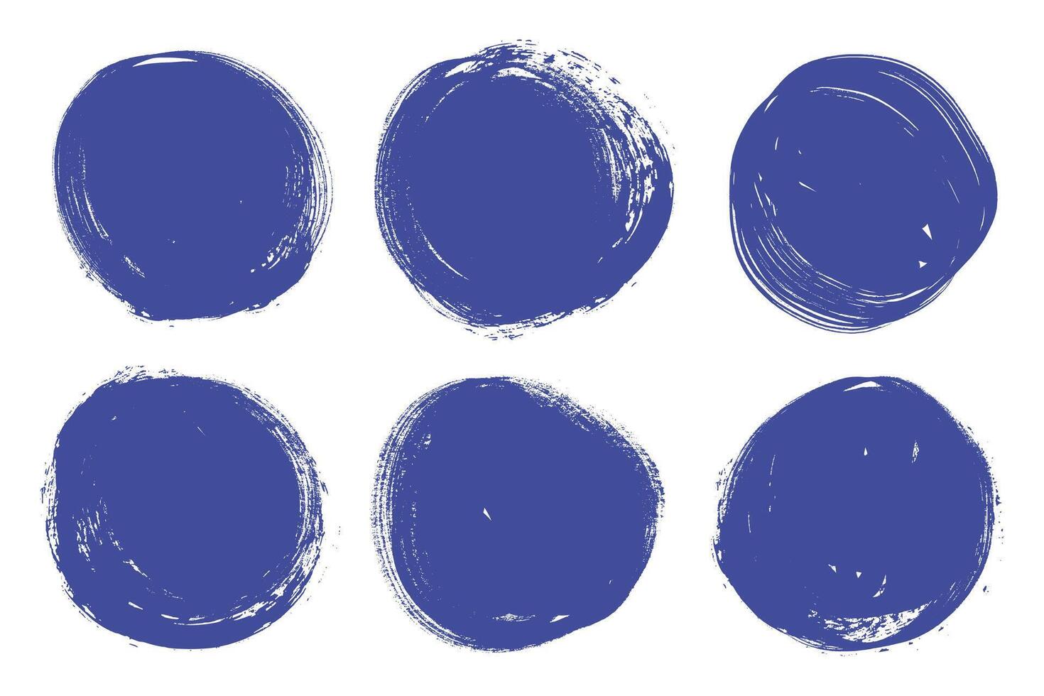 Grunge round circles stamps, hand painted, isolated on white background. Blue hand draw grunge brush stroke paint circles set. vector