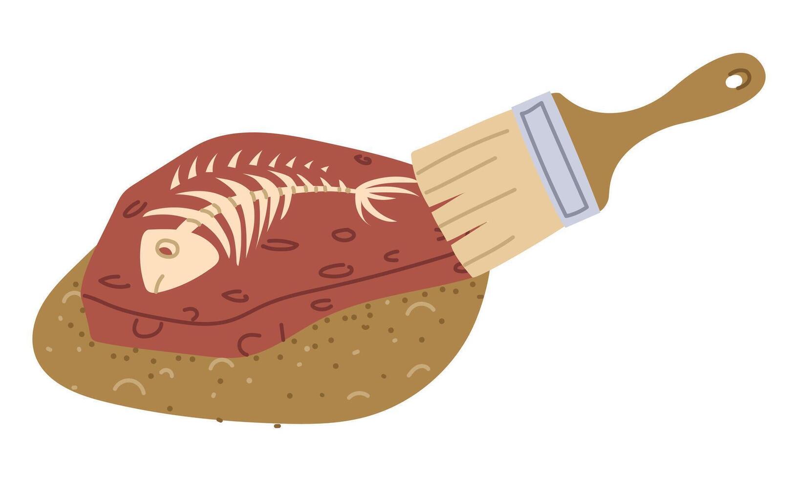Fossils with fish bones in the sand and an archaeologist's brush. Study of the find. a paleontological find. for the design of books and posters on paleontology, the history of plants and animals vector