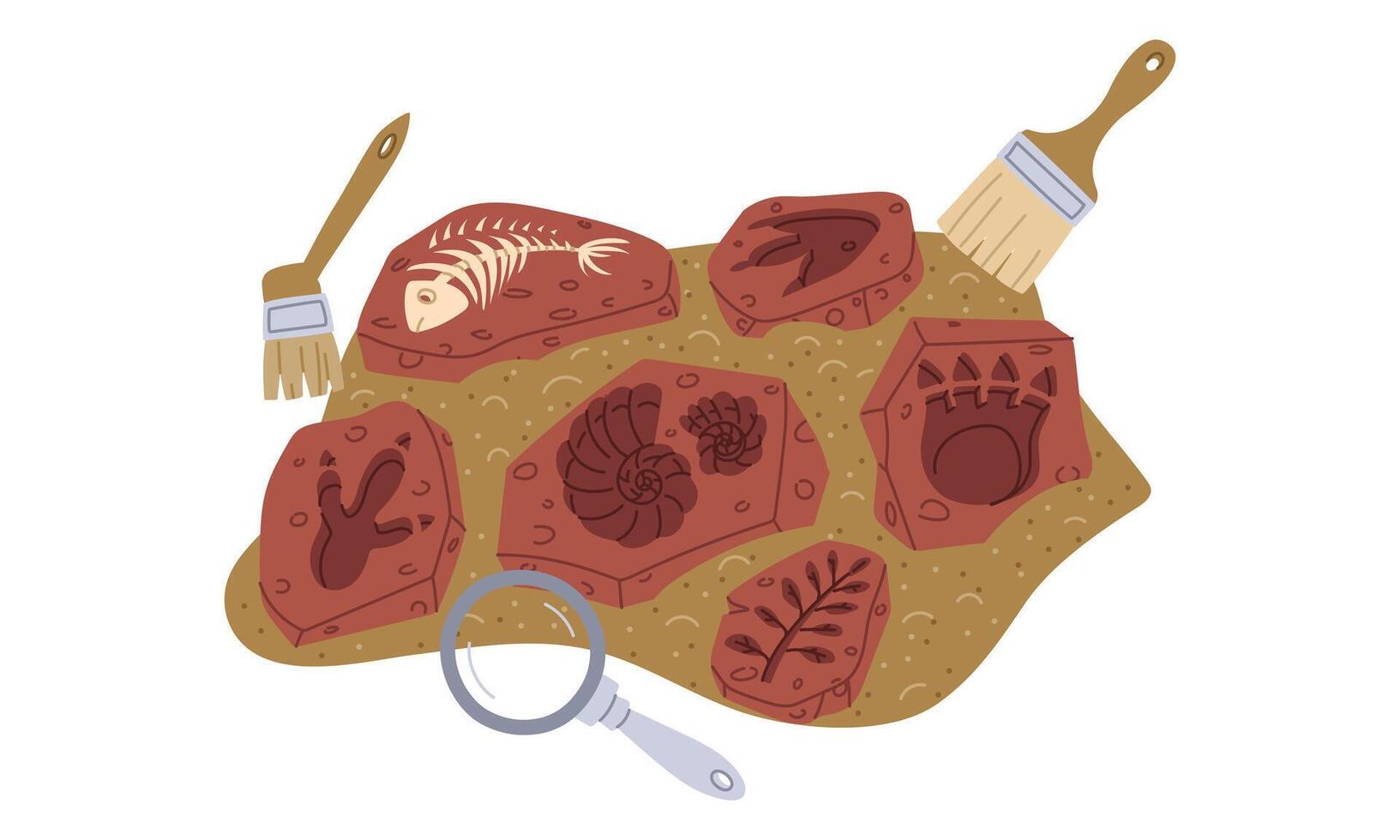 fossils diverse, shells, dinosaur footprints, bones, and plants in sand. paleontological find of magnifying glass and brush. Historical finds. for books, posters on paleontology, plant, animal history vector