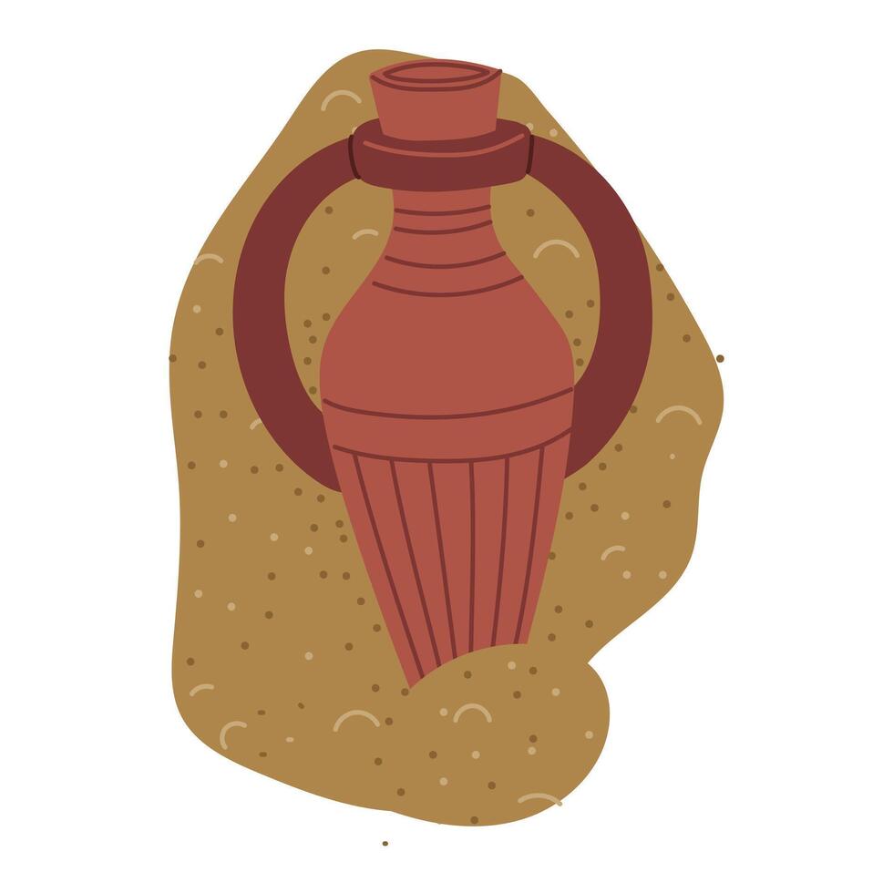 antique jug with handles in sand. Pottery for liquid. An archaeological find. Historical value. It is suitable for design of books, articles, posters and presentations on archeology and human history vector