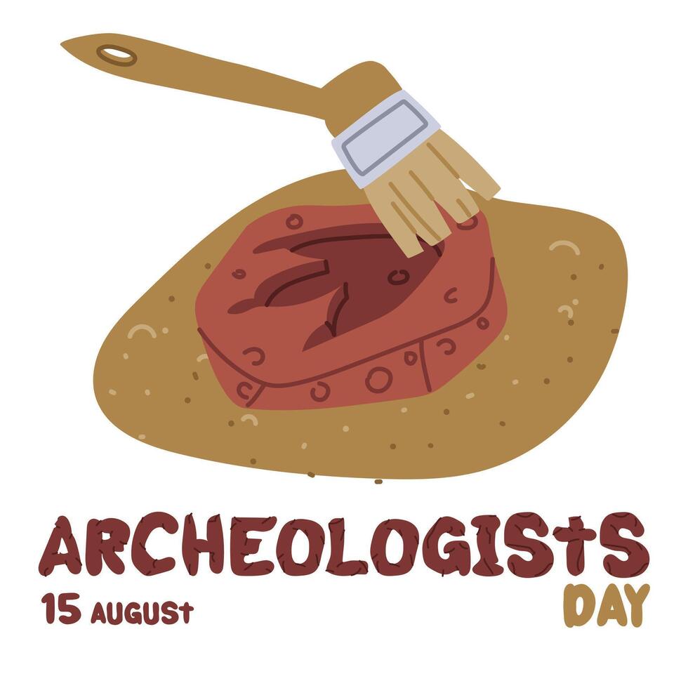 Archaeologist Day on August 15 objects for excavation. Flat color illustration. The fossil is a stegosaurus footprint. Vulcanization. for postcards, posters, articles, blogs, educational materials vector