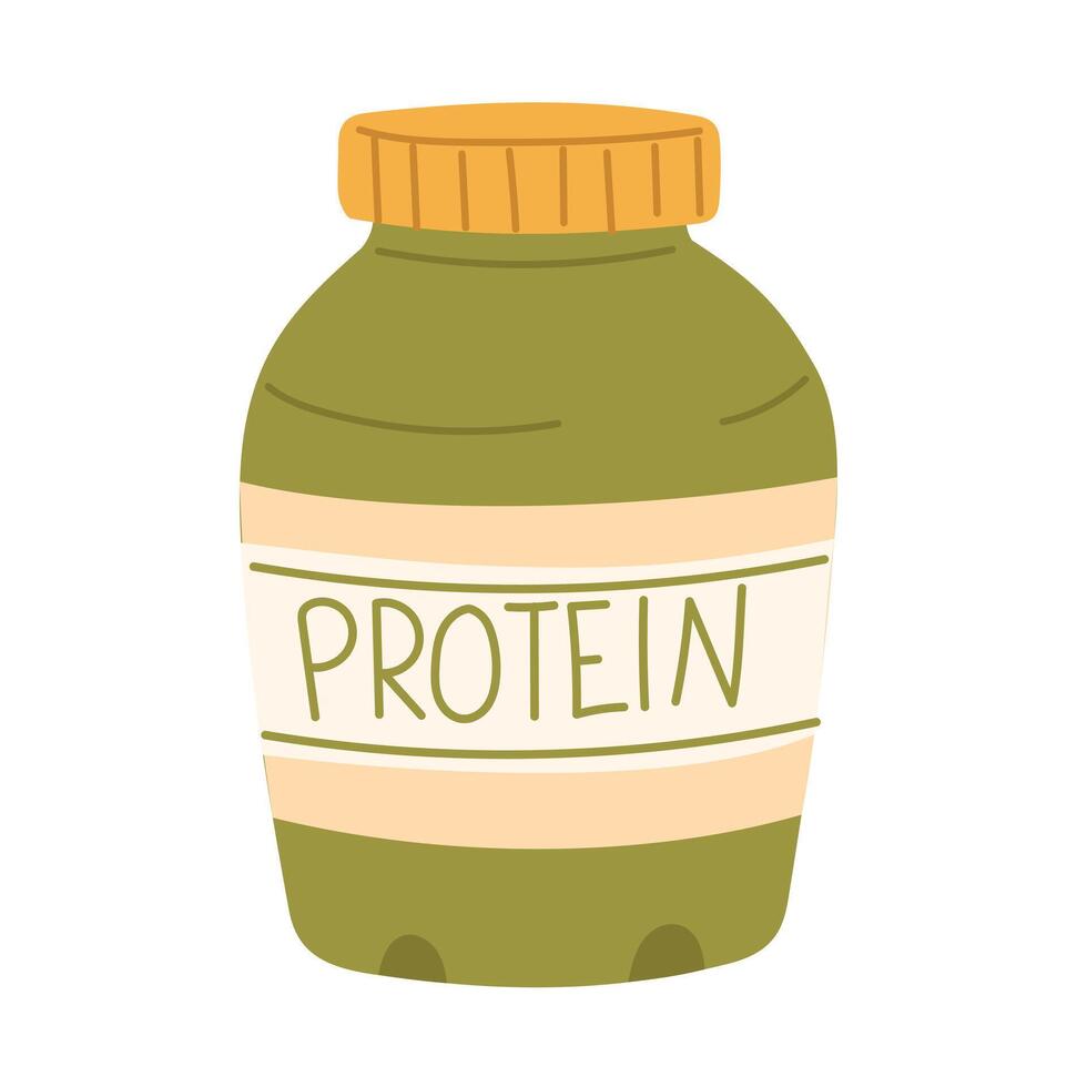 plastic jar of protein. Supplements food for training. Flat color isolated illustration. It is suitable for applications, websites, blogs about training, yoga, health, rehabilitation, active lifestyle vector