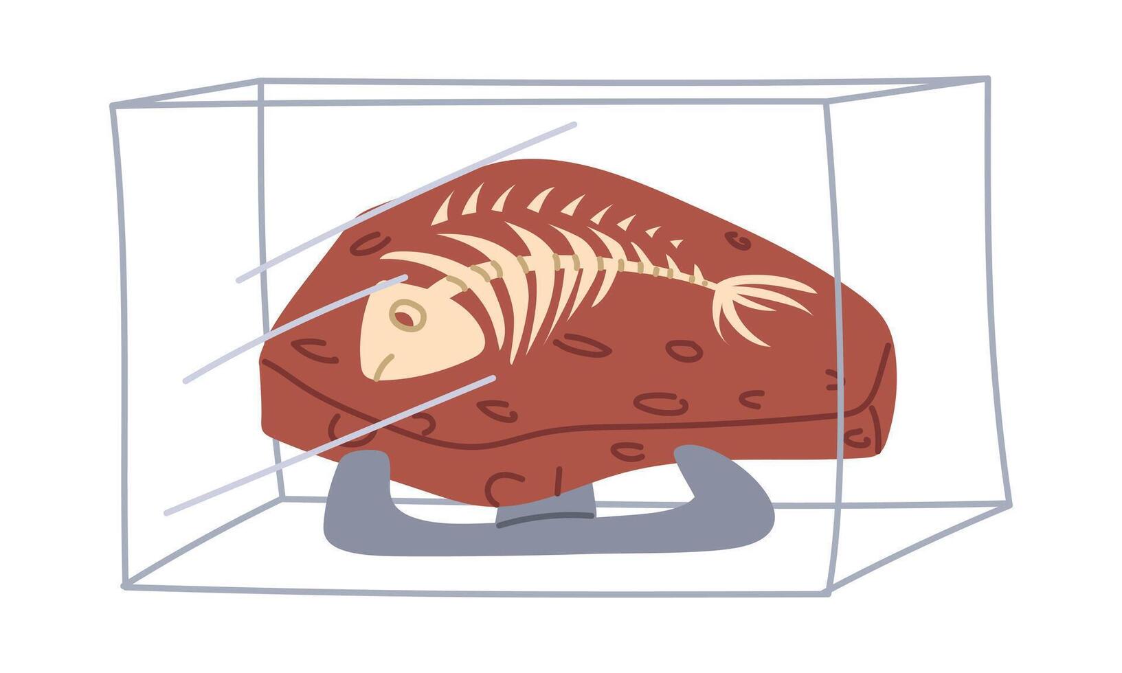 Fossils with the skeleton of a fish on stand under glass as a museum exhibit. Silhouette of a dinosaur in stone. Flat color illustration. For scientific projects, encyclopedias, and museum exhibitions vector
