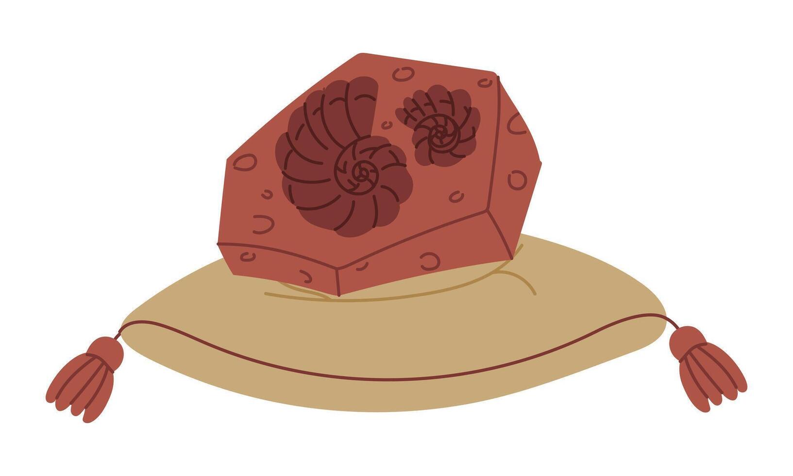 fossil with a shell print in a stone on a pillow as an exhibit in the museum. An archaeological find. Flat color illustration. scientific projects, encyclopedias, museum exhibitions, history vector