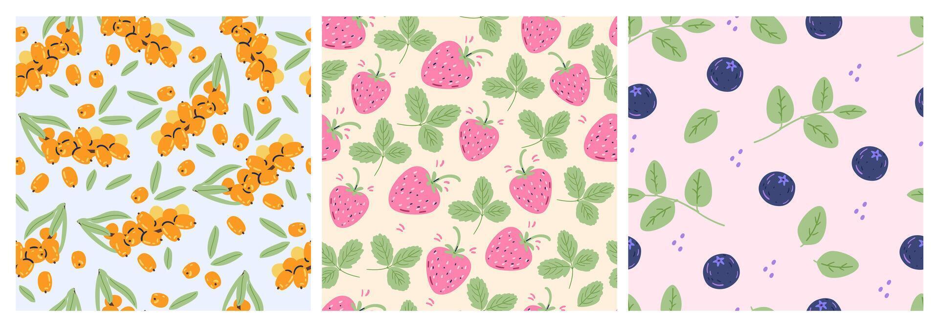 Set of botanical seamless patterns with ripe berries blueberry, strawberry, sea-buckthorn and leaves. vector