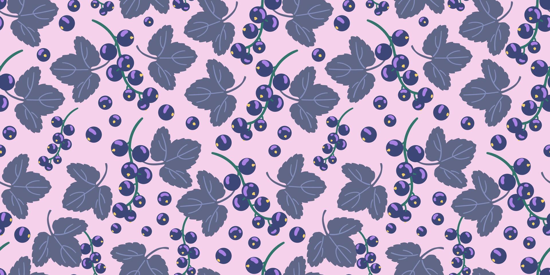 Black currant with leaves seamless pattern in pastel colors. vector